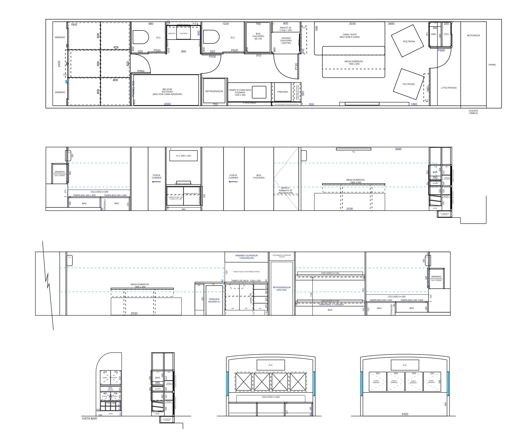 Desenhos técnicos do projeto de interior do motorhome