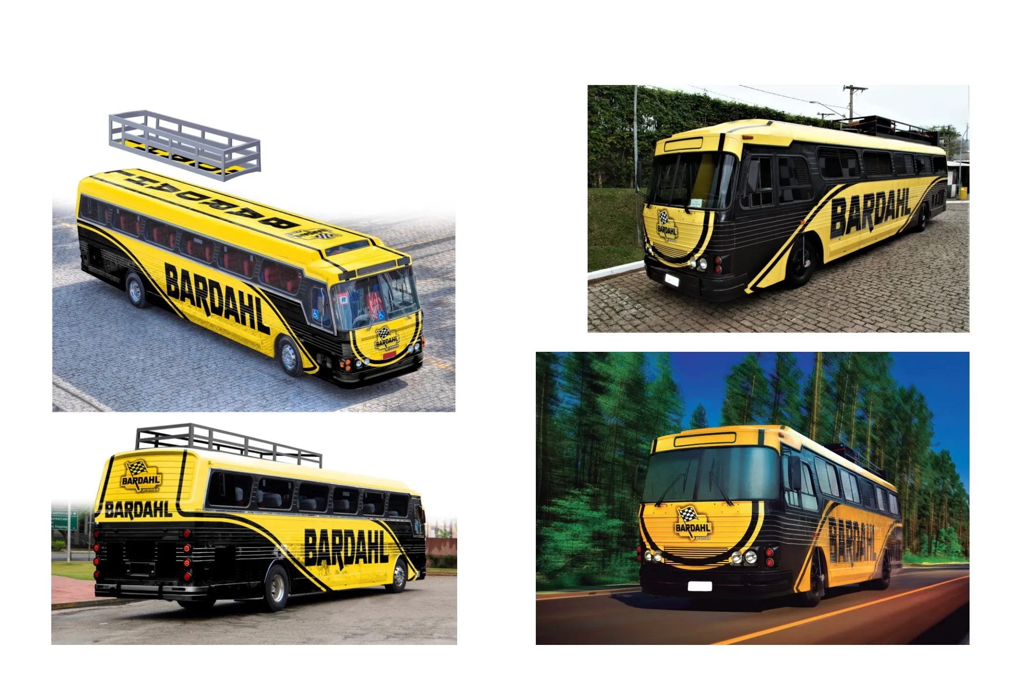 Estudos de envelopamento do ônibus Bardahl amarelo e preto