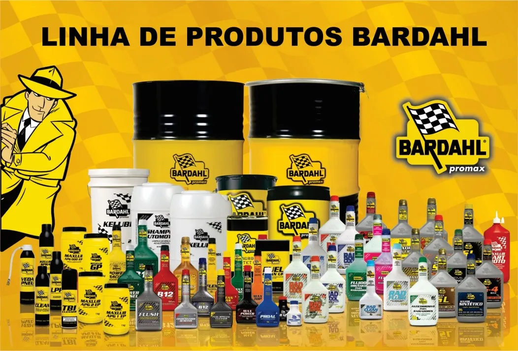 Pôster da linha completa de produtos Bardahl com mascote