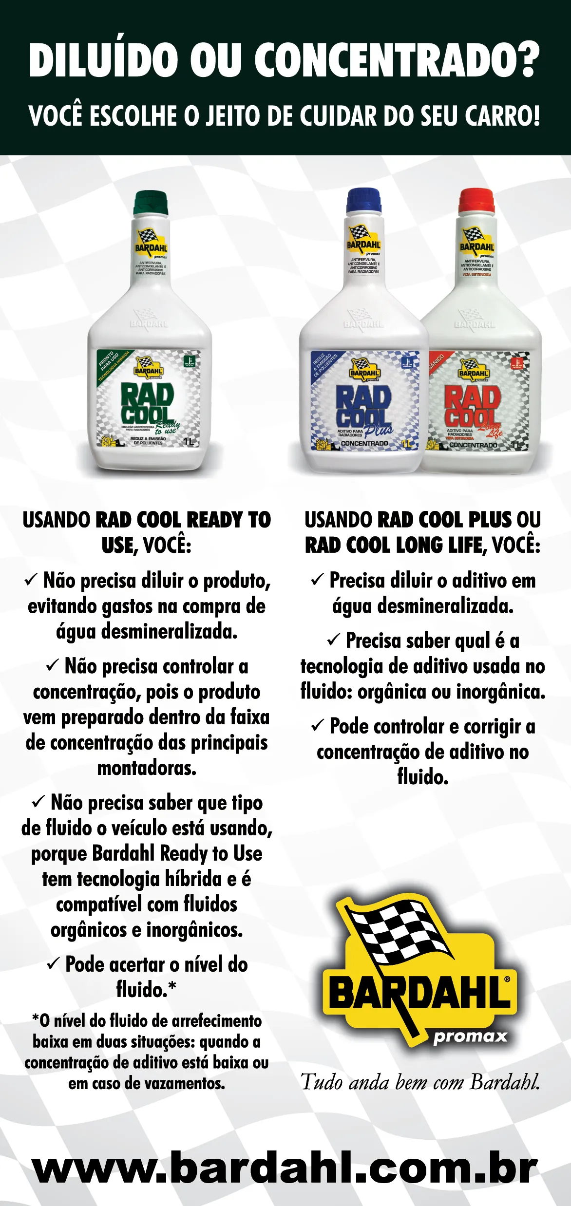 Folheto comparativo entre fluidos Rad Cool diluído e concentrado