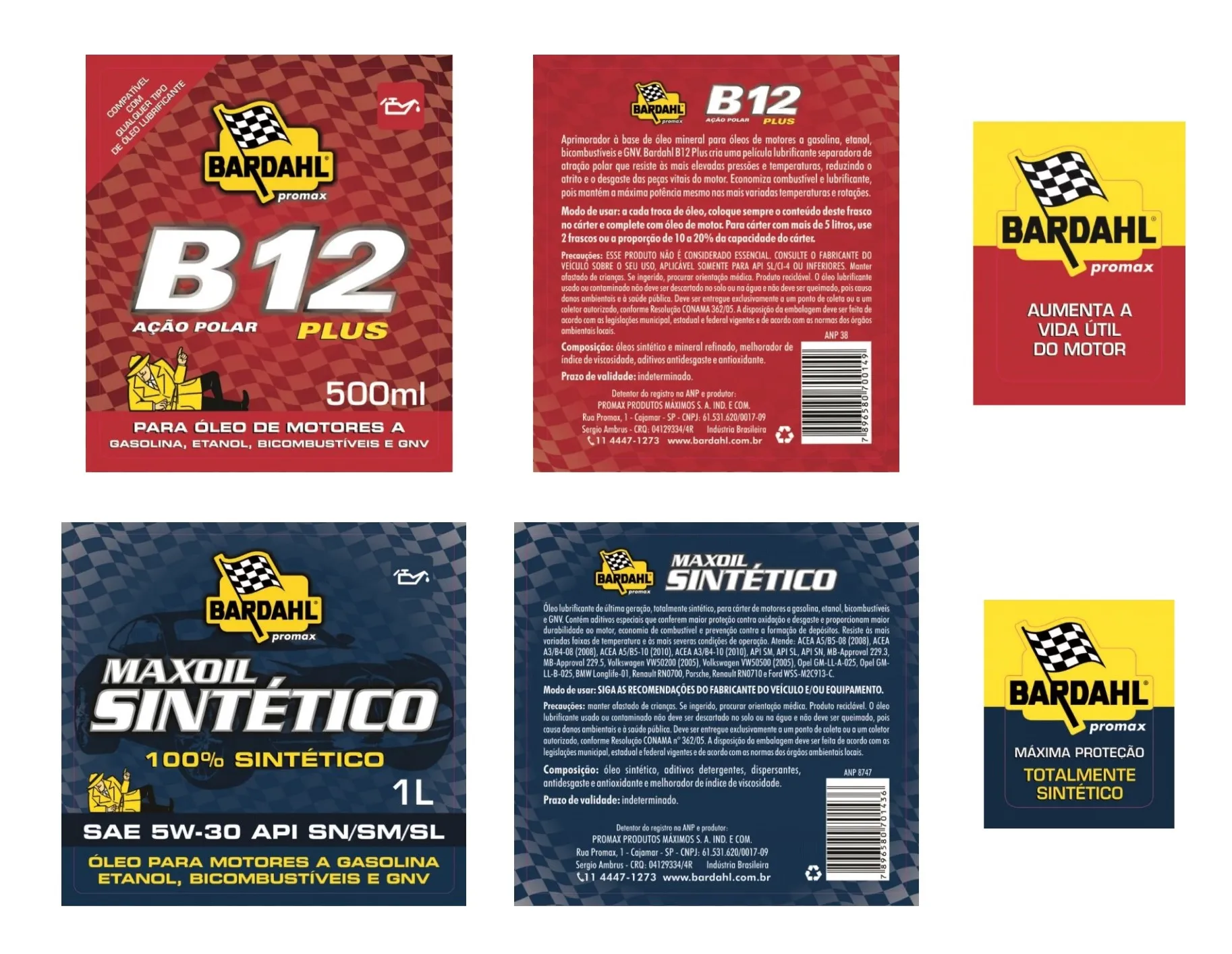 Rótulos dos produtos B12 Plus e Maxlub Sintético Bardahl