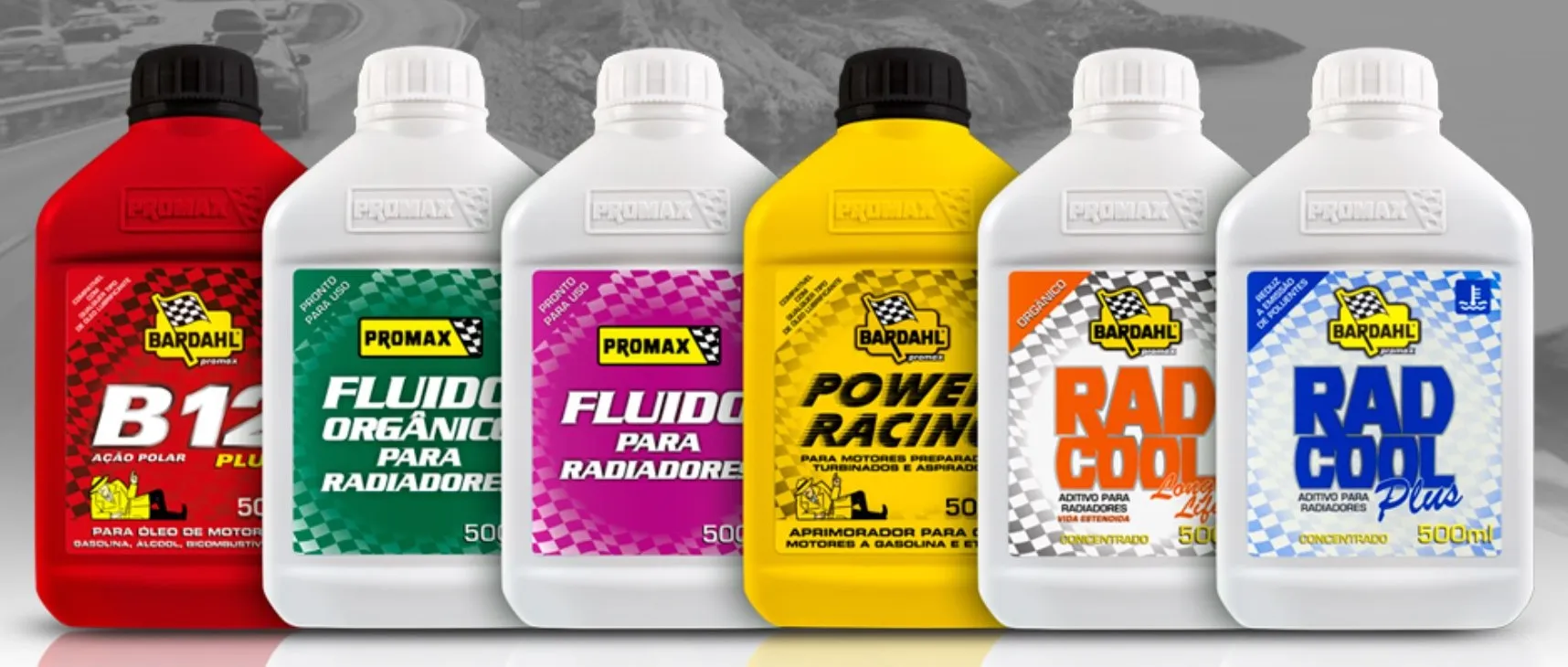 Linha de frascos coloridos de fluidos Bardahl Promax