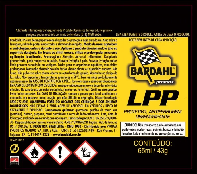 Arte de rótulo do lubrificante Bardahl LPP com instruções