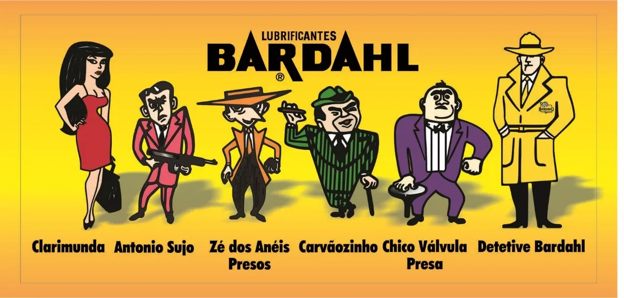 Personagens ilustrados da campanha Detetive Bardahl Lubrificantes