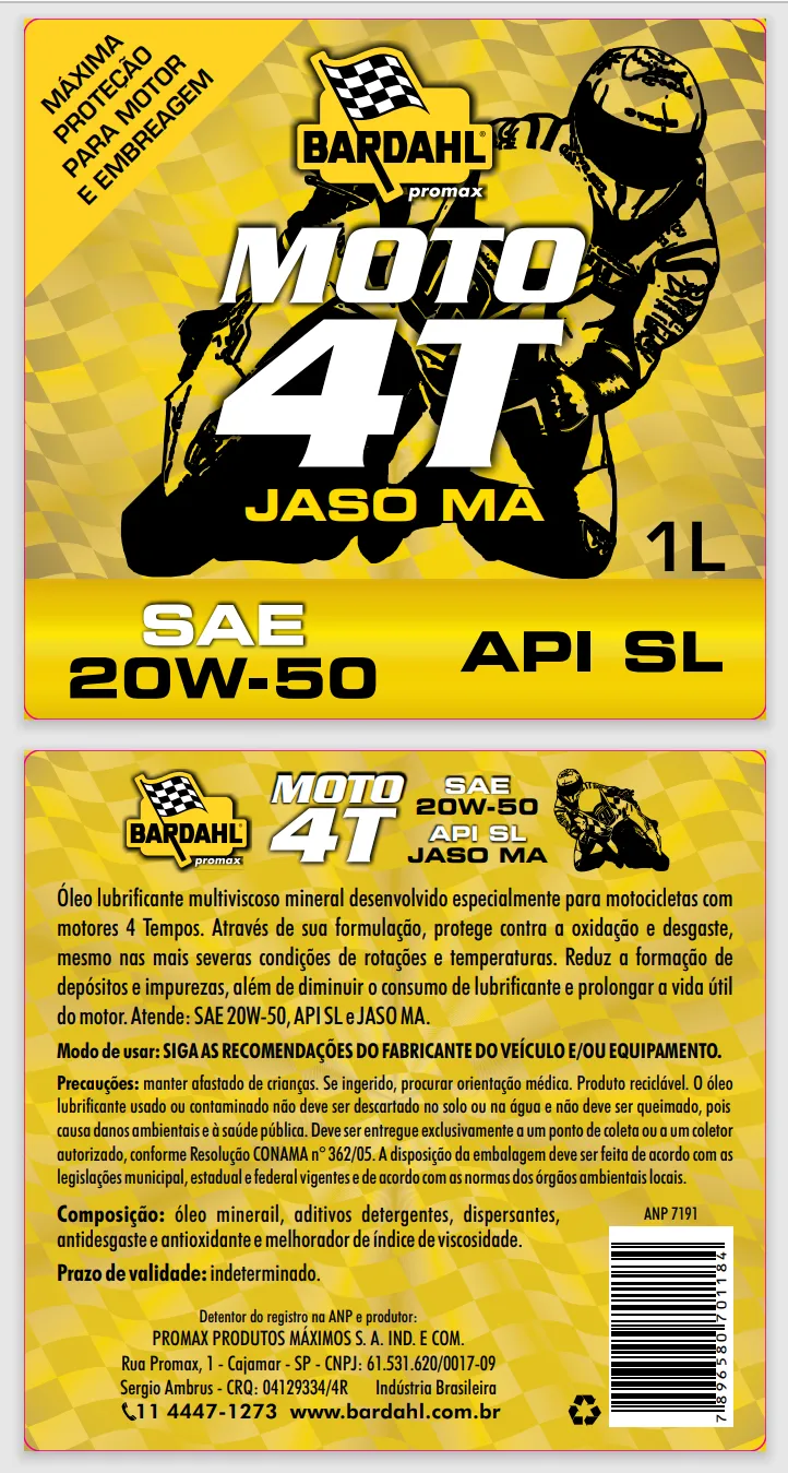 Rótulo do óleo Bardahl Moto 4T SAE 20W-50