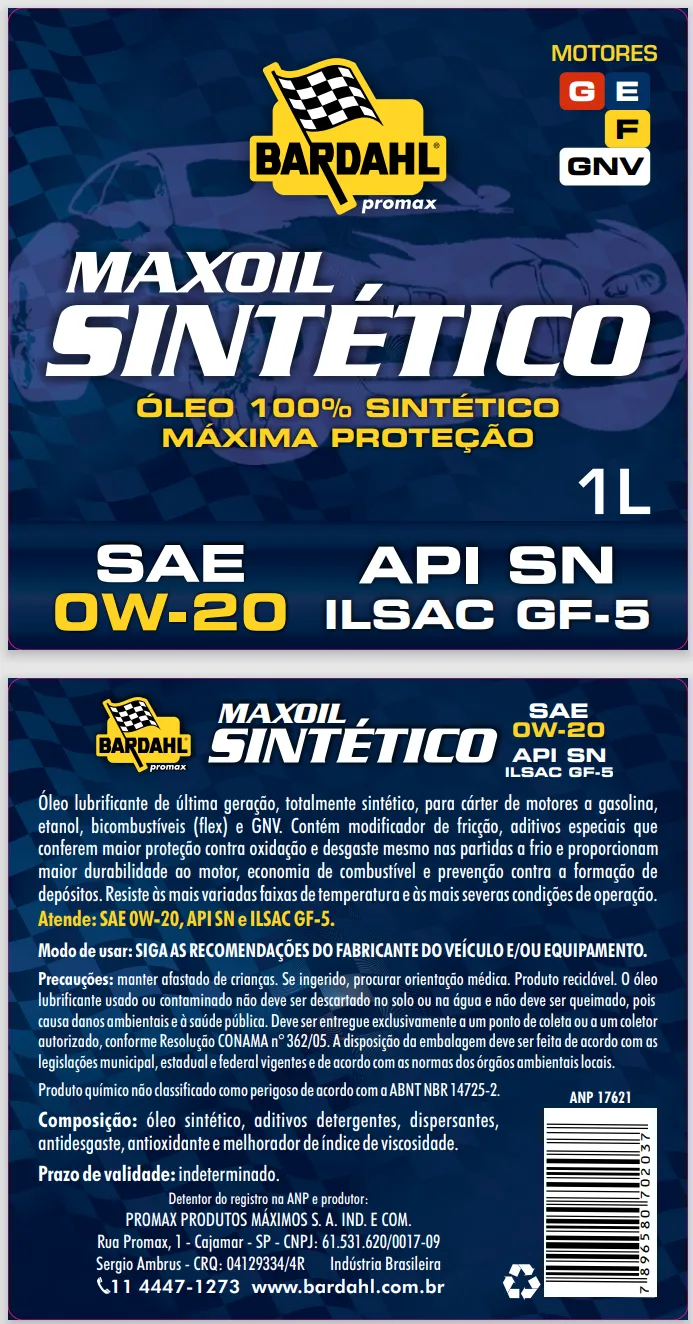 Rótulo do óleo sintético Bardahl Maxoil SAE 0W-20