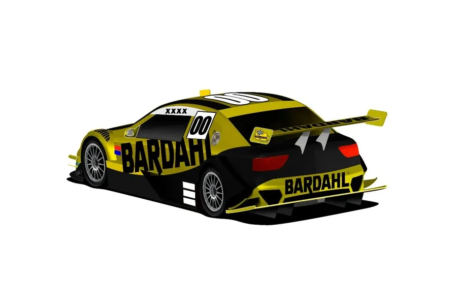 Render 3D da traseira do stock car com pintura Bardahl