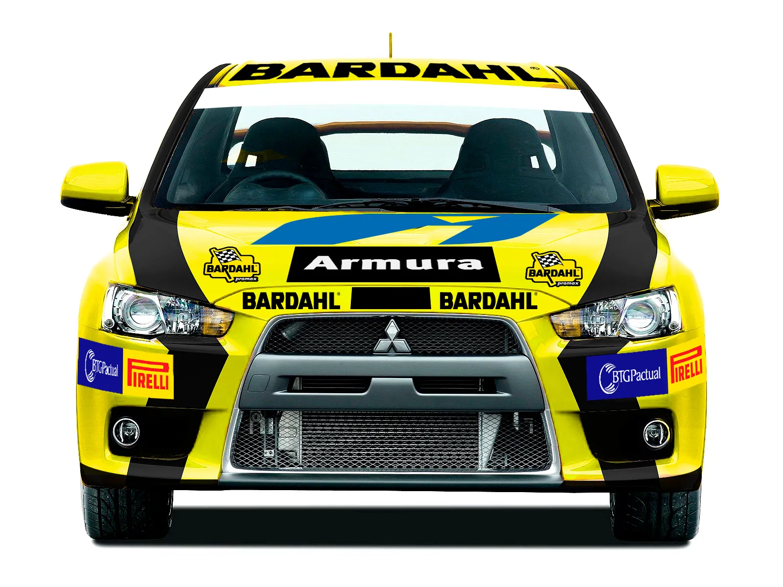Frente de carro de corrida com pintura amarela da Bardahl