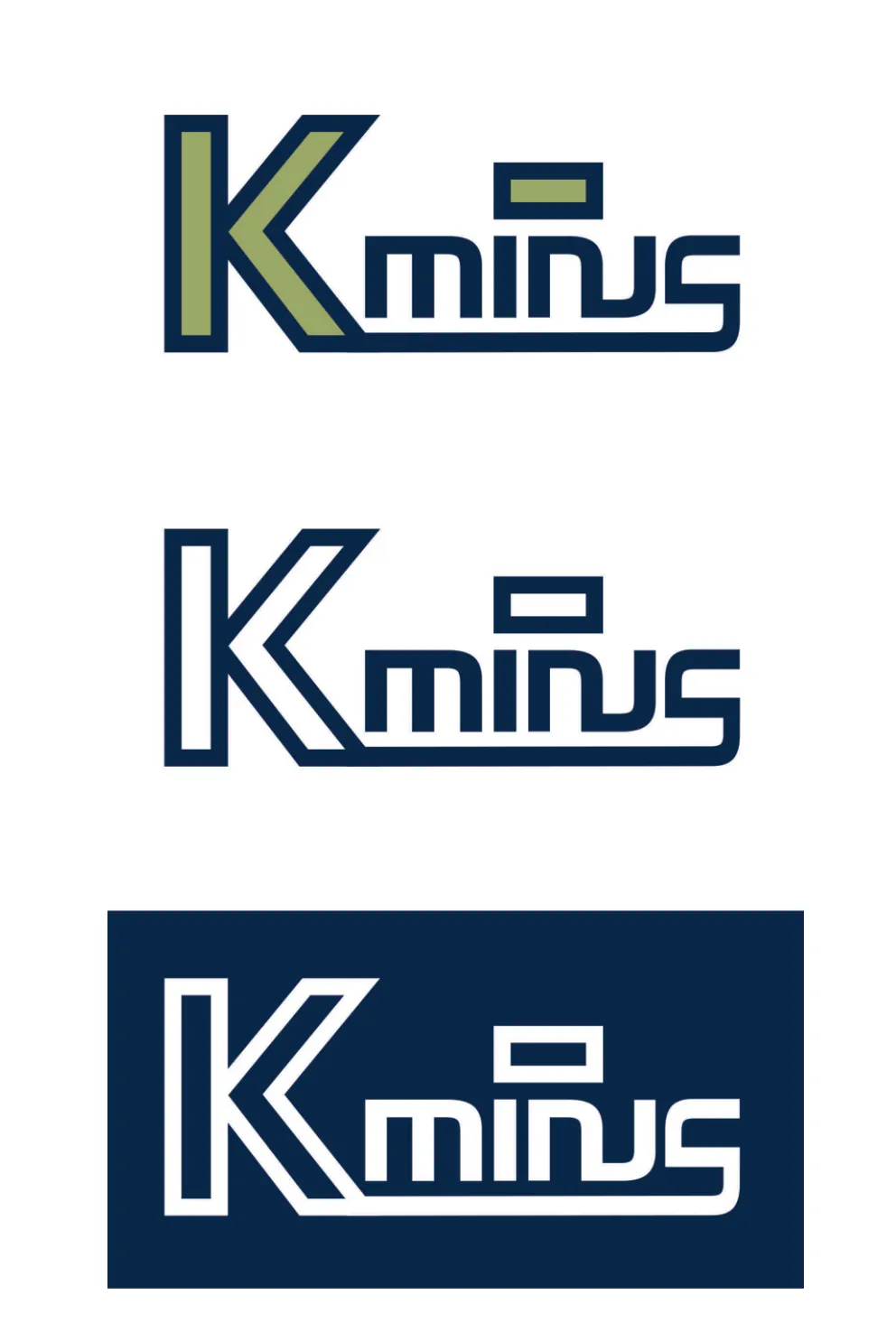Três versões do logotipo Kminus em azul e verde