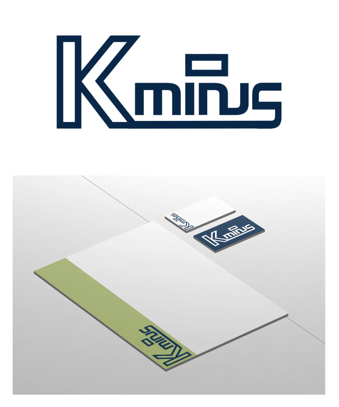 Identidade visual Kminus com papelaria e cartões de visita