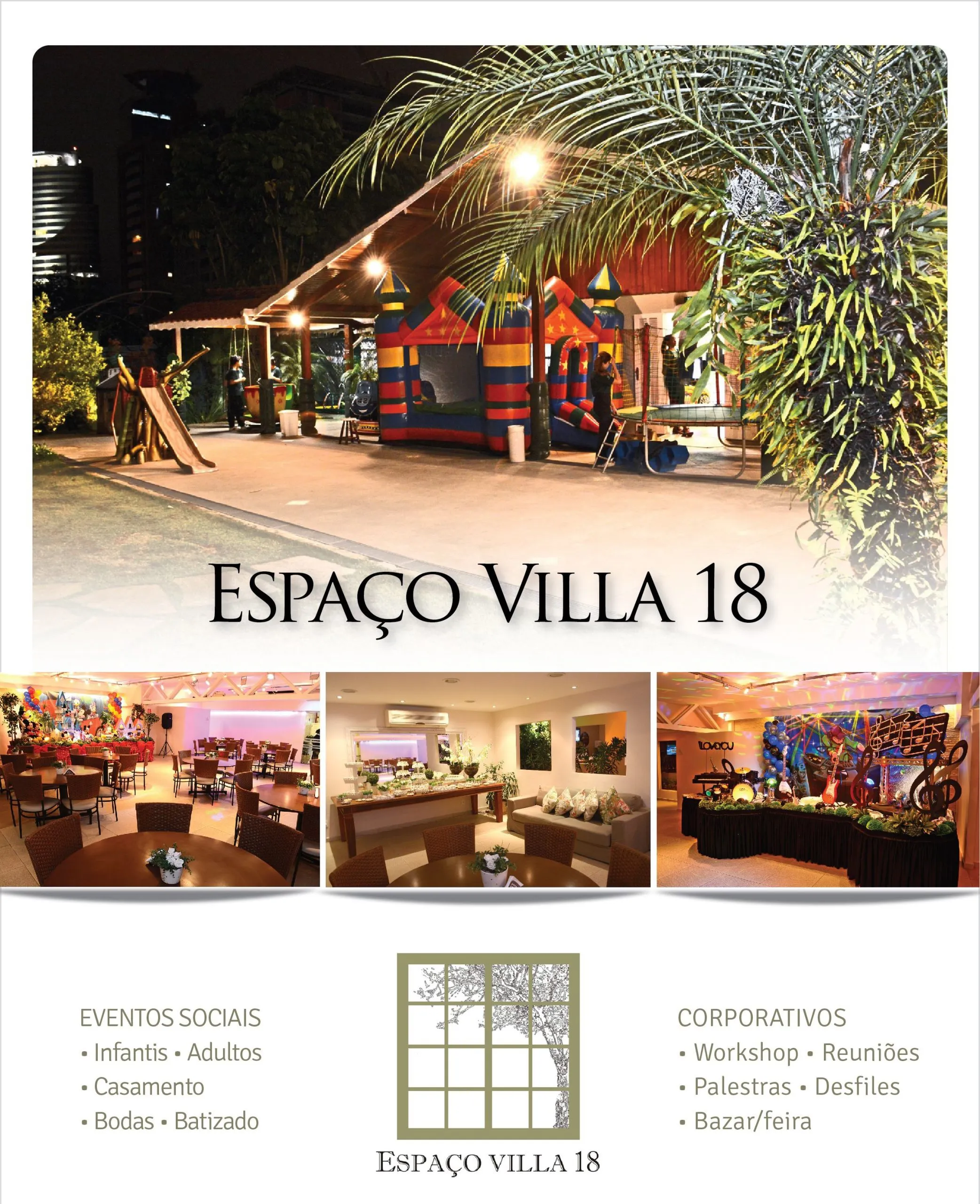 Folheto promocional do Espaço Villa 18 com fotos e serviços